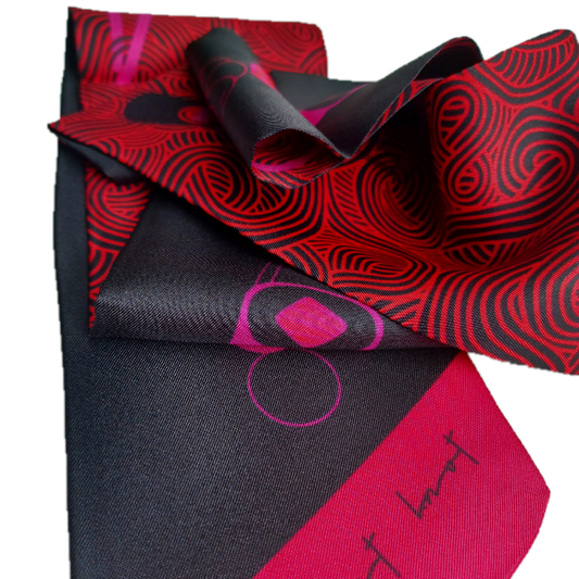 Mai Japanese Sushi inspired skinny twill silk scarf with striking cerise pinks and black