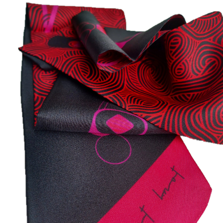 Mai Japanese Sushi inspired skinny twill silk scarf with striking cerise pinks and black