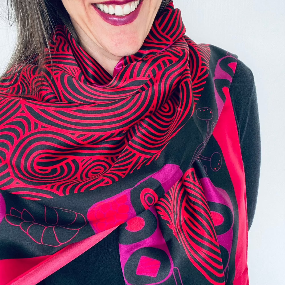 Mai Japanese Sushi inspired square silk scarf with striking cerise pinks and black