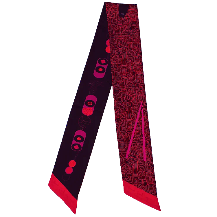 Mai Japanese Sushi inspired twill skinny silk scarf with striking cerise pinks and black