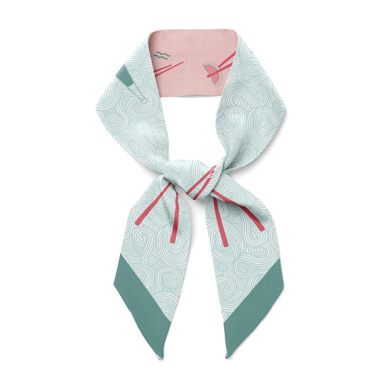 Mai - Japanese cuisine inspired silk twill hair scarf in soft mint and corals