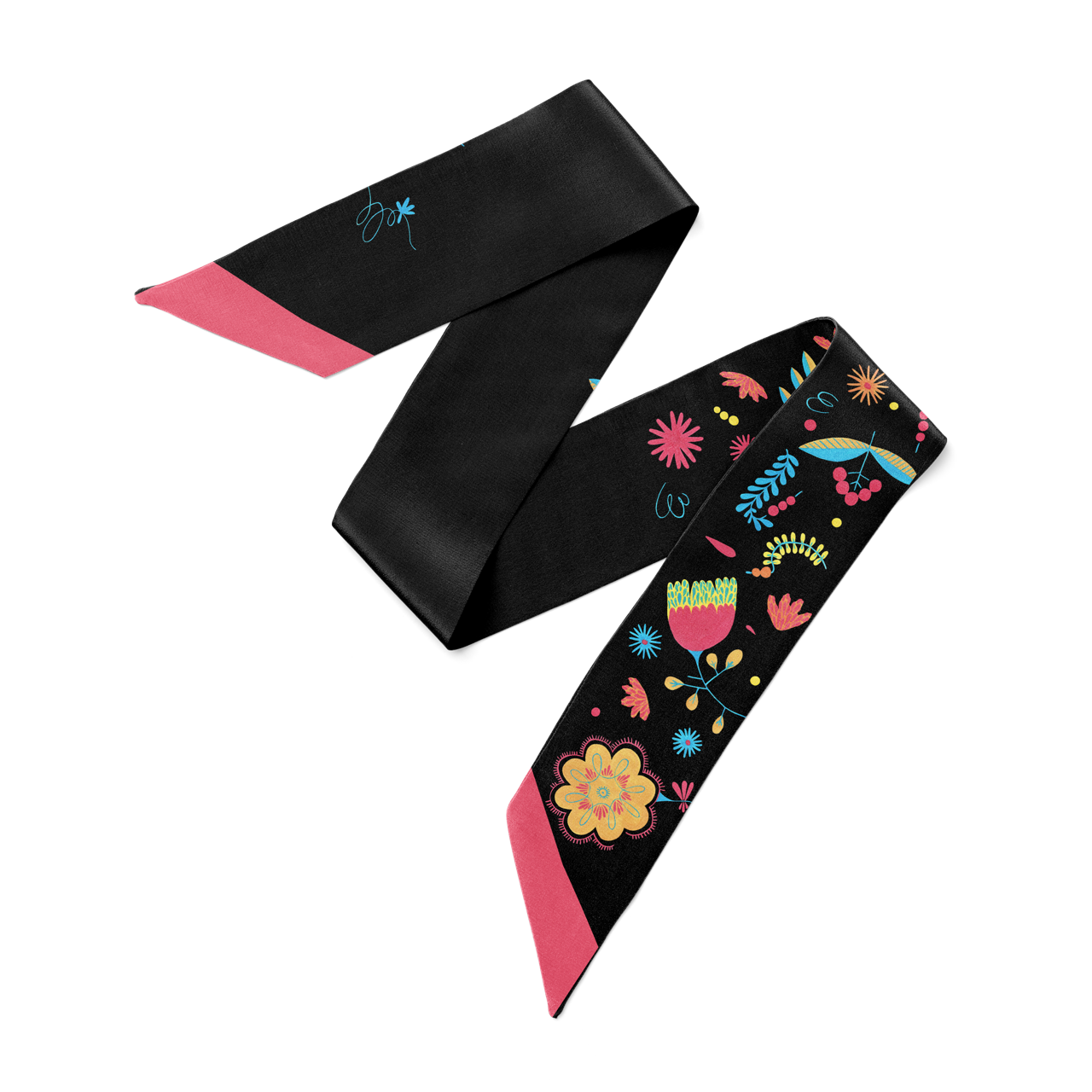 Veronica - black silk twill hair scarf with bright colour florals.