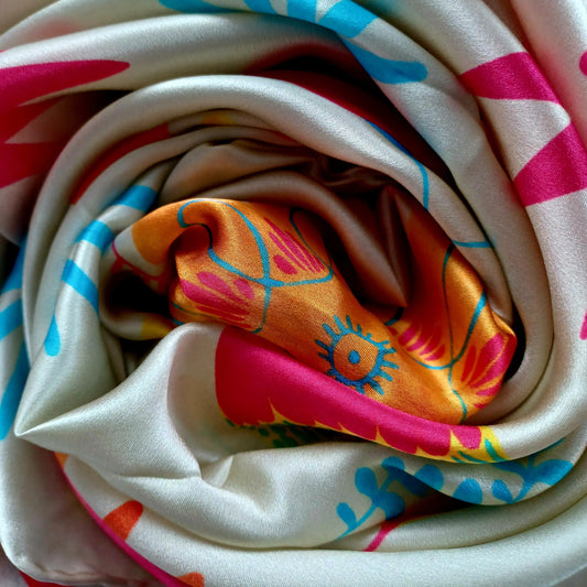 Veronica Yellow Bright Floral Silk Scarf scrunched up close