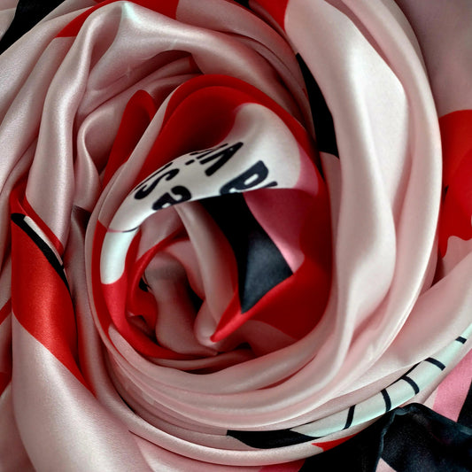 Medusa Pink & Red Lips and Black Snakes design scrunched up close
