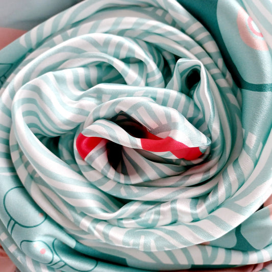 Mai Japanese cuisine inspired design with mint green and pinks scrunched up close