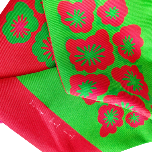Bridget Twill Silk scarf - with bright magenta pink, candy red and green floral design (up close)