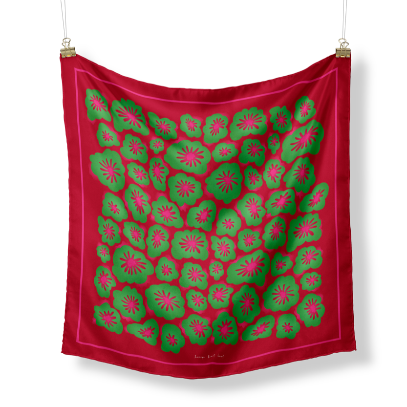 Bridget Square Silk scarf - with bright magenta pink, candy red and green floral design