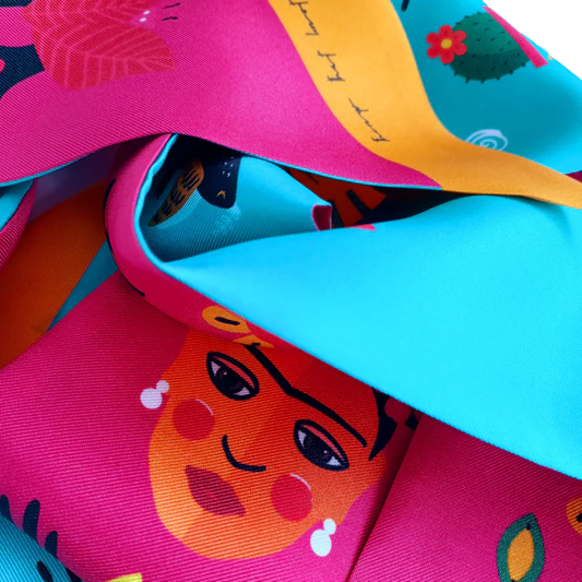 Bright pink and teal Frida Kahlo inspired silk twill hair scarf (up close)
