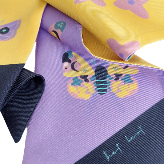 Lily silk twill hair scarf - purple and yellow moths with splashes of indigo
