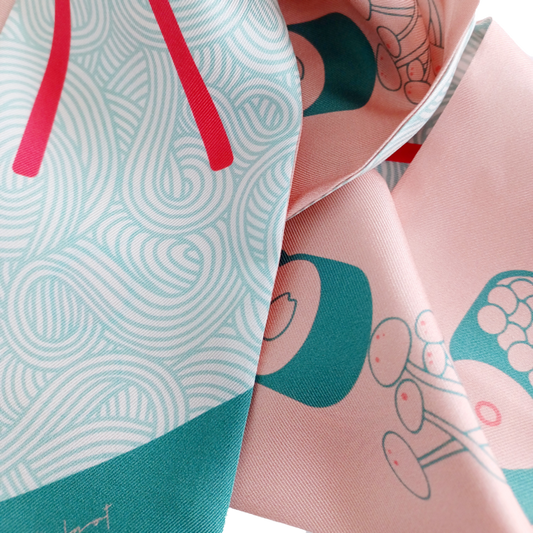 Mai - japanese cuisine inspired silk twill hair scarf in soft mint and corals (up close)
