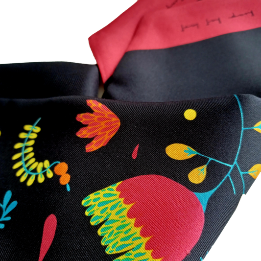 Veronica - black silk twill hair scarf with bright colour florals (up close)