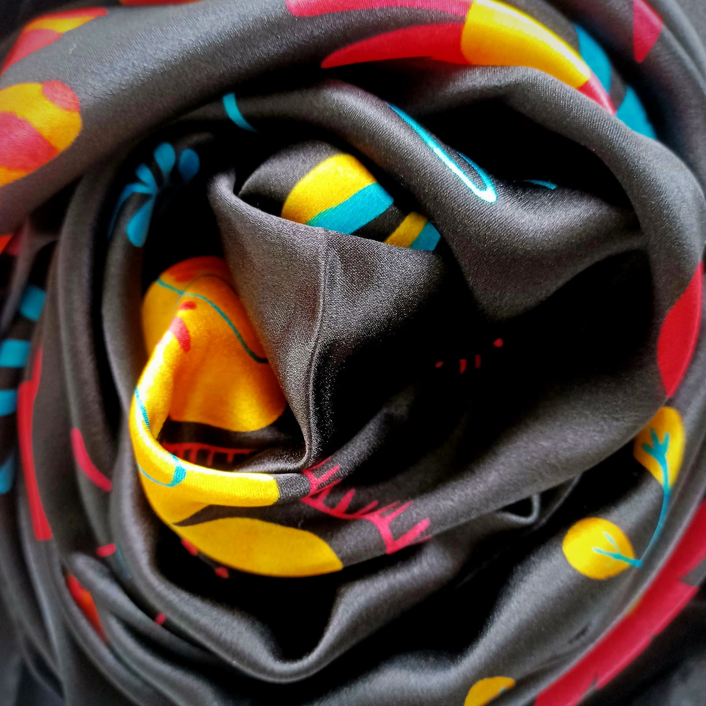 Veronica Black Bright Floral Silk Scarf scrunched up close