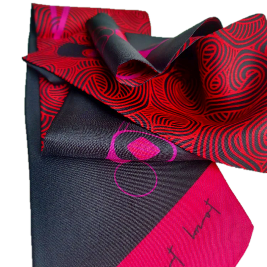 Mai Japanese Sushi inspired skinny twill silk scarf with striking cerise pinks and black