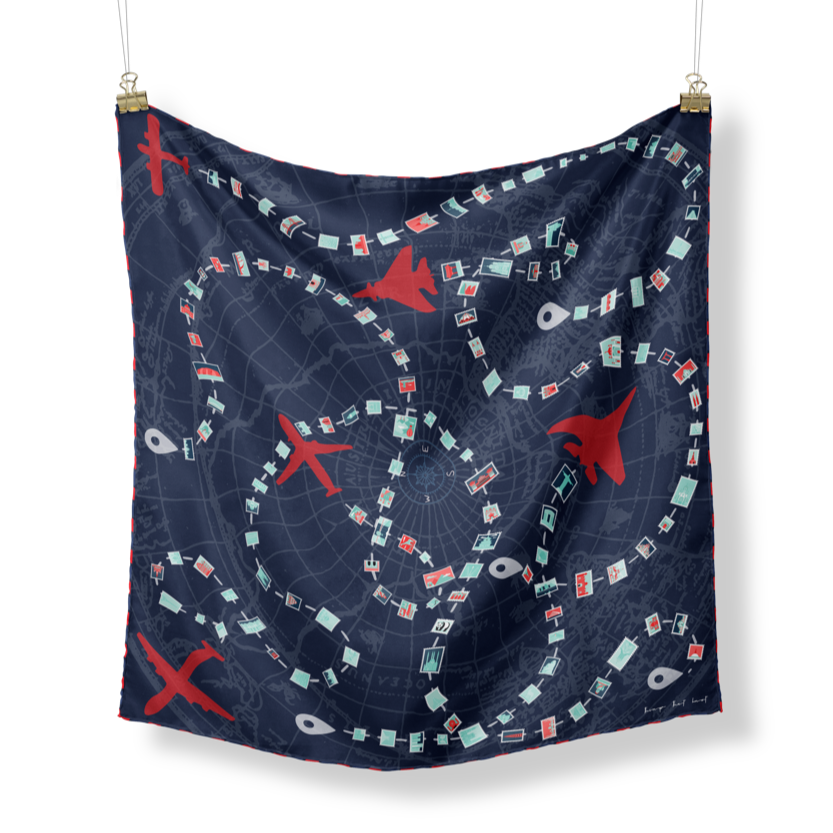 Alex Navy, Red, Teal & Coral Travel Inspired Silk Scarf