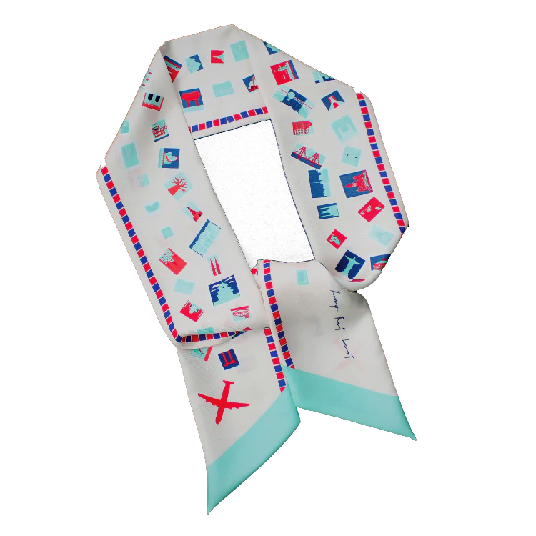 Blush Pink & Red with Teal travel inspired stamps on a silk twill hair scarf