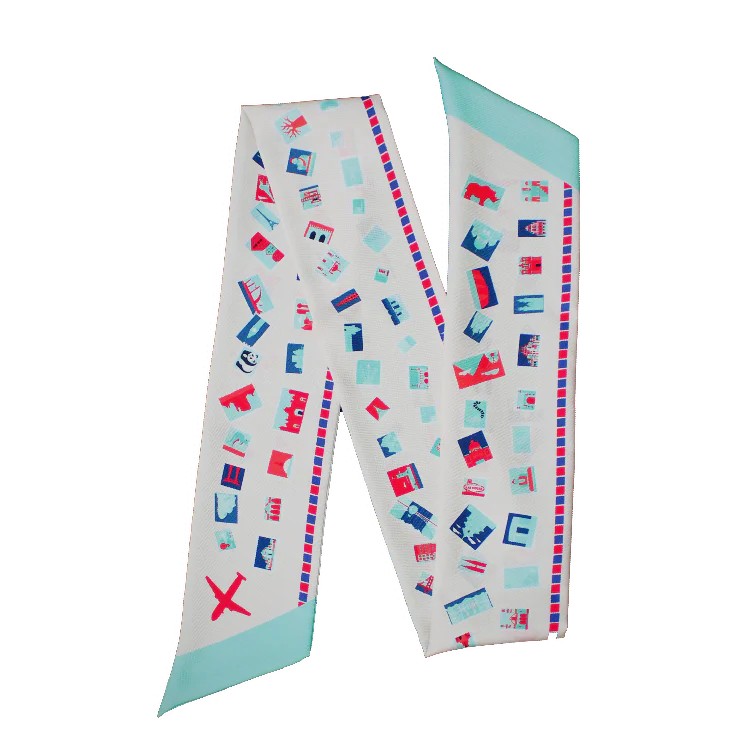 Blush Pink & Red with Teal travel inspired stamps on a silk twill hair scarf