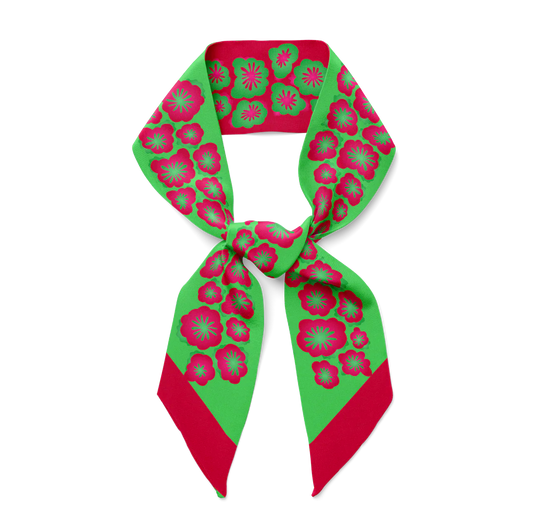 Bridget Twill Silk scarf - with bright magenta pink, candy red and green floral desig