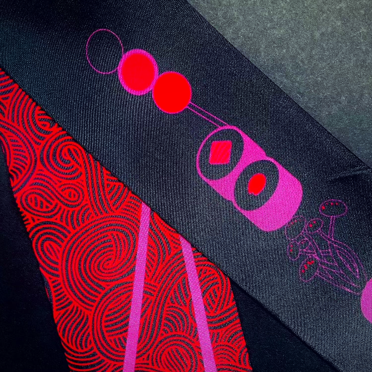 Mai Japanese Sushi inspired skinny twill silk scarf with striking cerise pinks and black