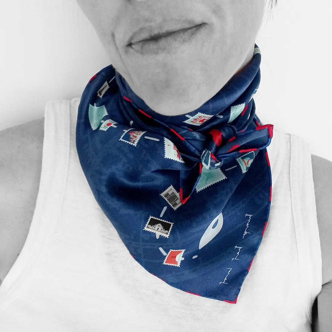 Alex Navy, Red, Teal & Coral Travel Inspired Silk Scarf (bandana size)