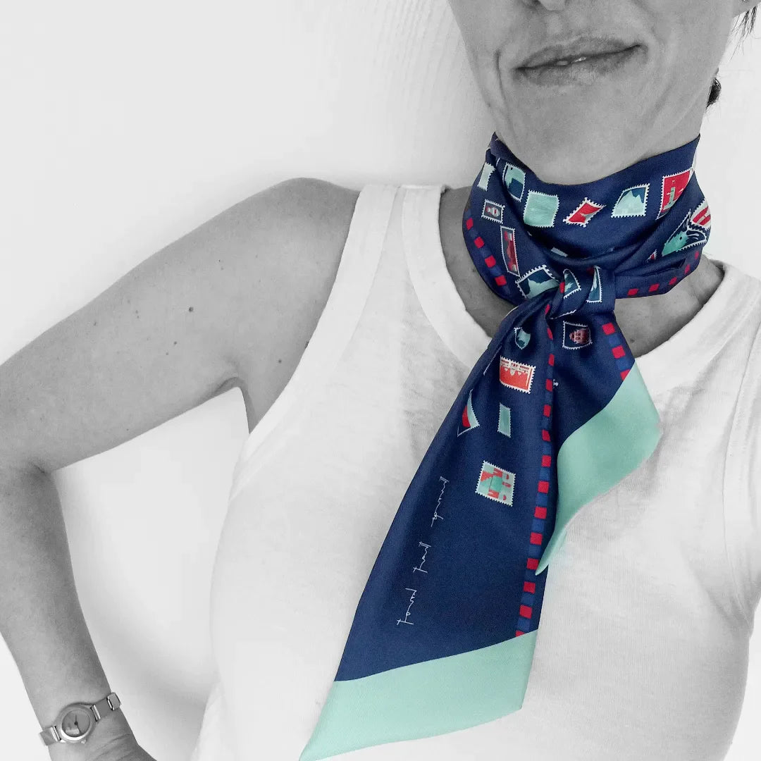 Navy & Red with Teal travel inspired stamps on a silk twill hair scarf