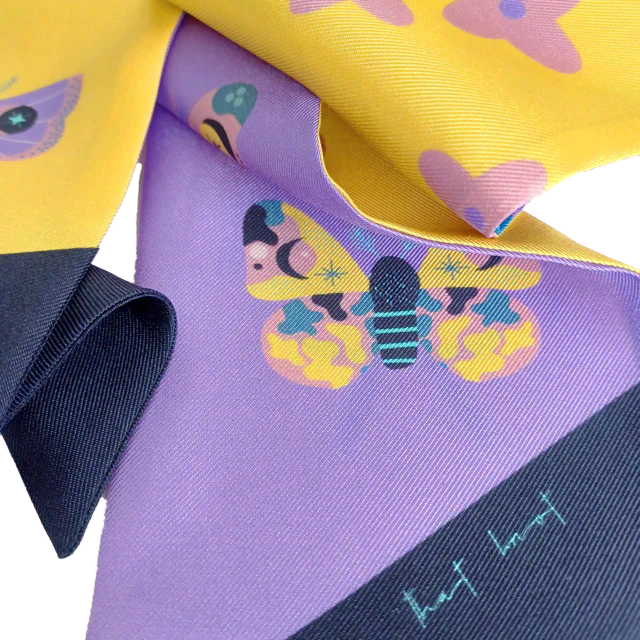 Lily silk twill hair scarf - purple and yellow moths with splashes of indigo