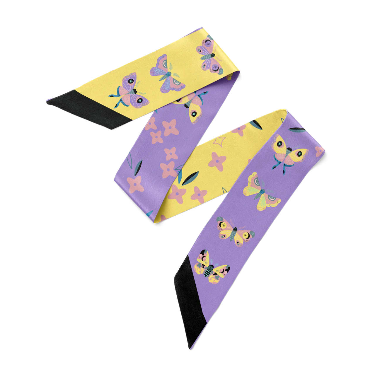 Lily silk twill hair scarf - purple and yellow moths with splashes of indigo