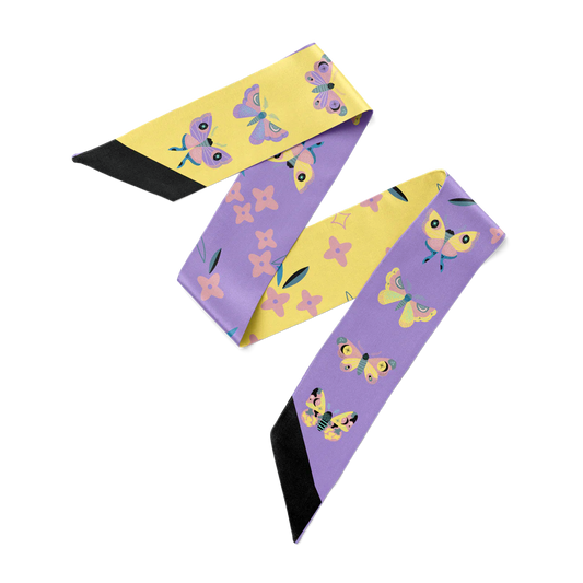 Lily silk twill hair scarf - purple and yellow moths with splashes of indigo