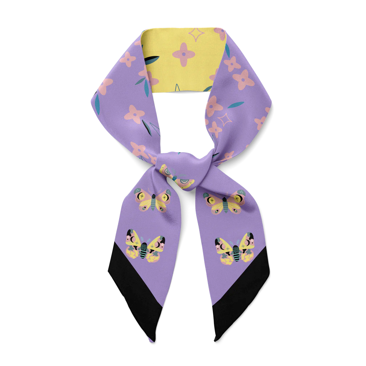 Lily silk twill hair scarf - purple and yellow moths with splashes of indigo