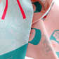 Mai - japanese cuisine inspired silk twill hair scarf in soft mint and corals (up close)