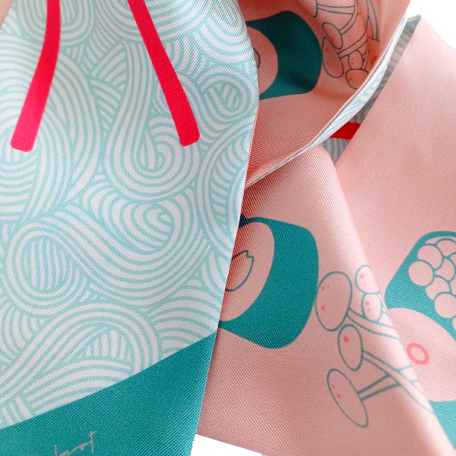 Mai - japanese cuisine inspired silk twill hair scarf in soft mint and corals (up close)