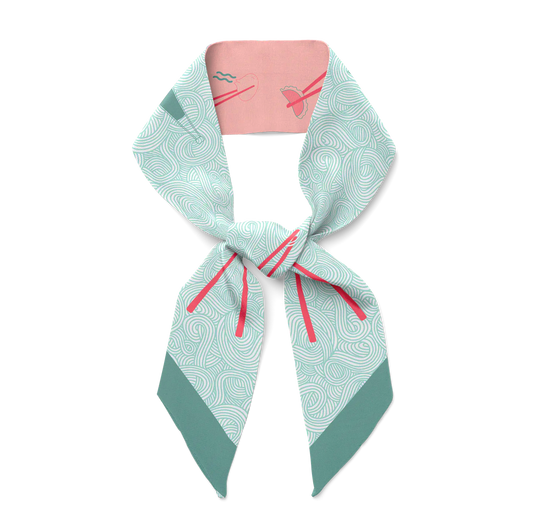 Mai - Japanese cuisine inspired silk twill hair scarf in soft mint and corals