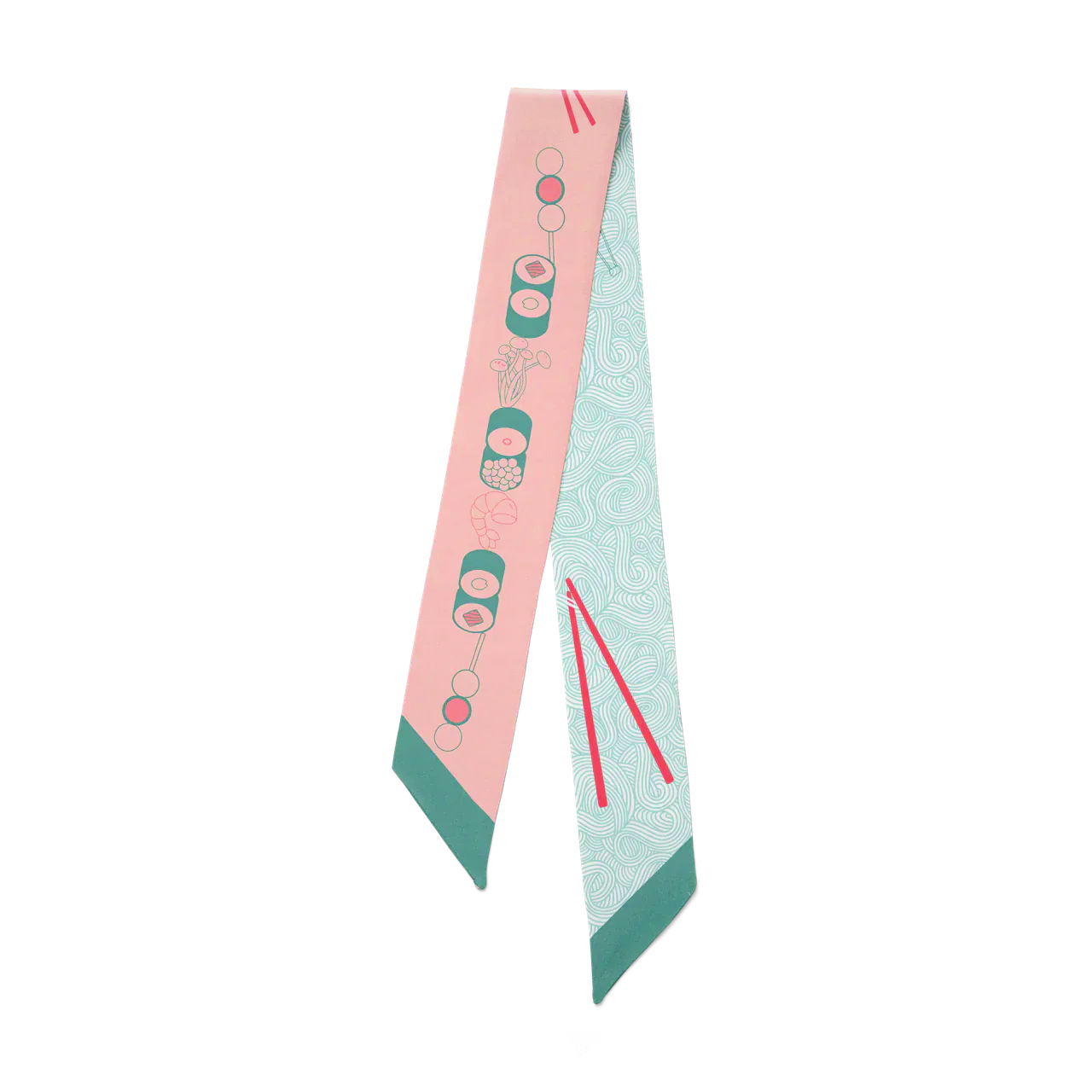 Mai - Japanese cuisine inspired silk twill hair scarf in soft mint and corals