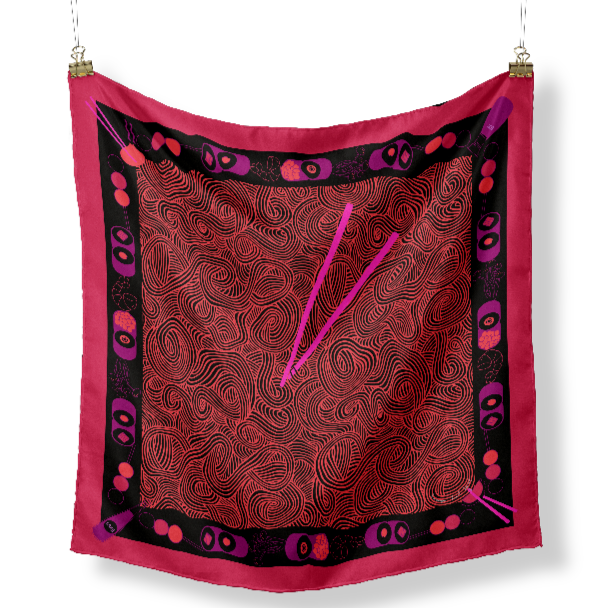 Mai Japanese Sushi inspired square silk scarf with striking cerise pinks and black