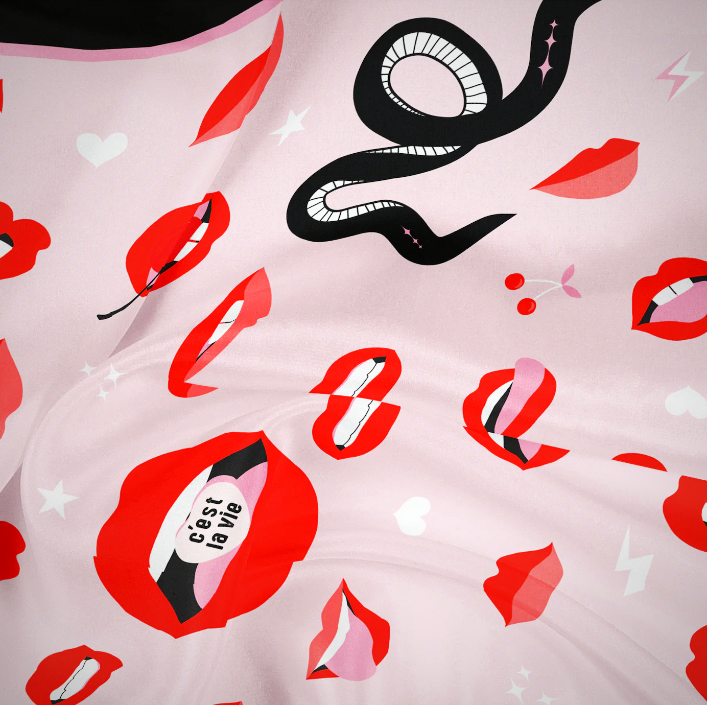 Medusa Pink & Red Lips and Black Snakes design up close