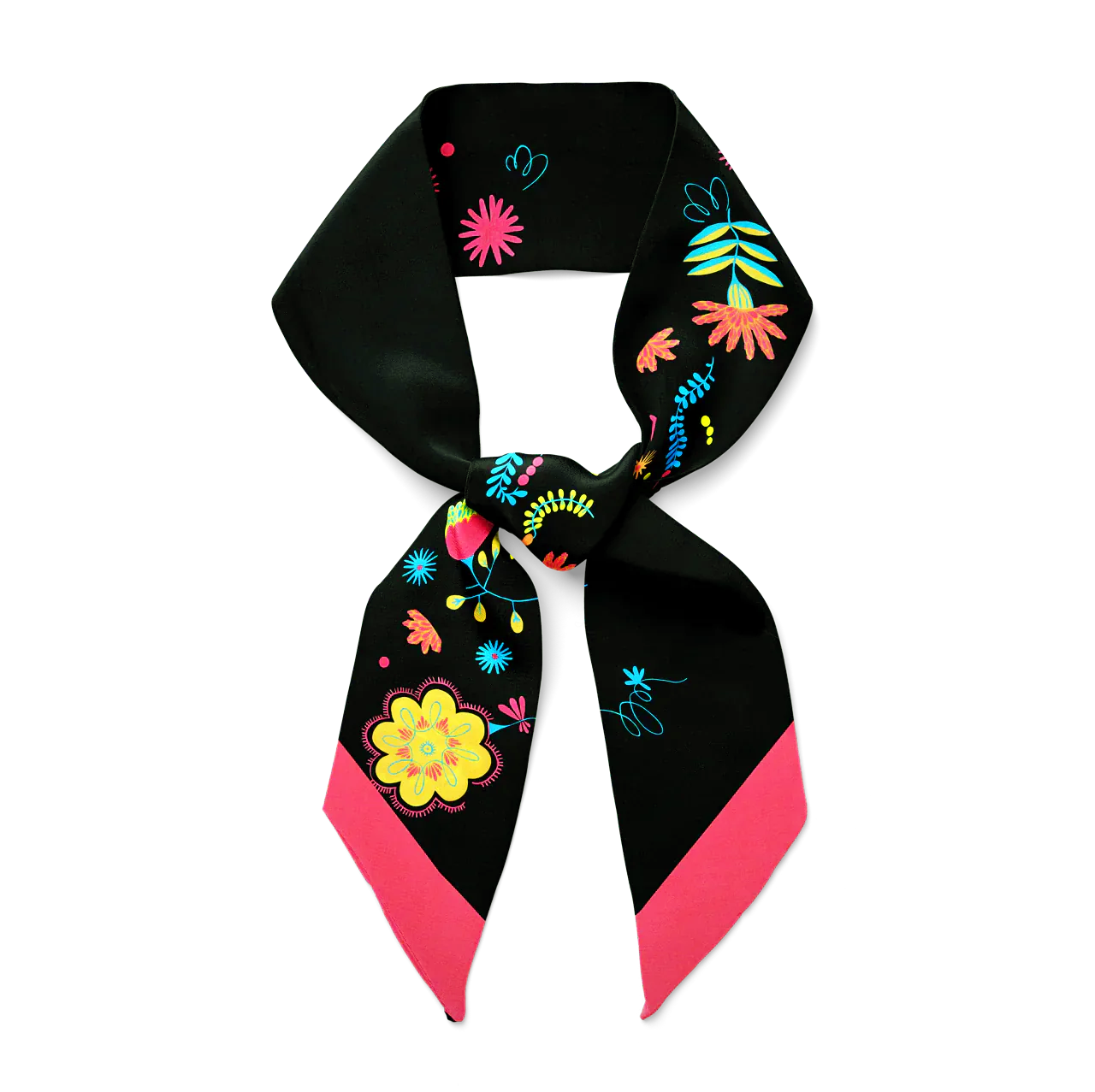 Veronica - black silk twill hair scarf with bright colour florals.