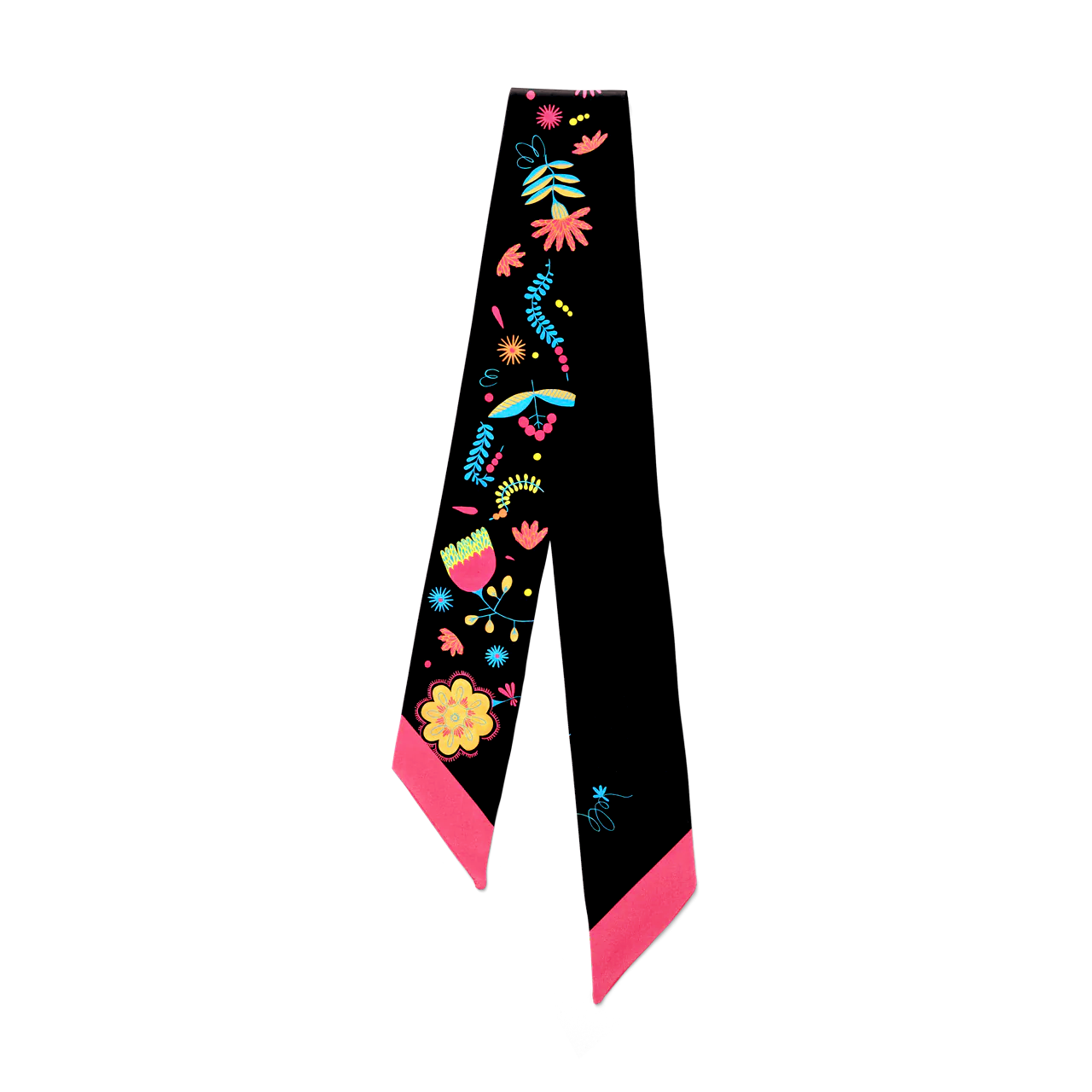 Veronica - black silk twill hair scarf with bright colour florals.