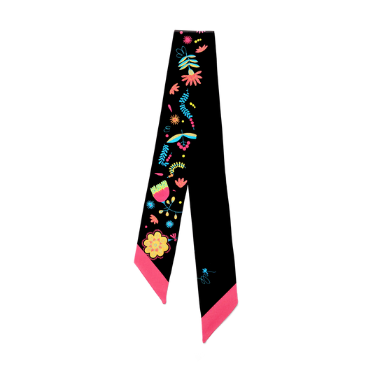 Veronica - black silk twill hair scarf with bright colour florals.