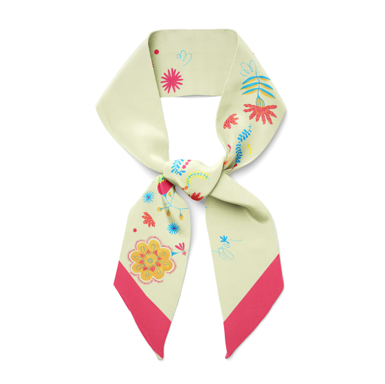 Veronica - yellow silk twill hair scarf with bright colour florals.