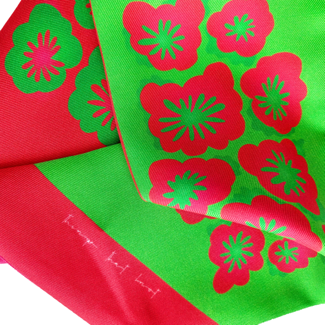 Bridget Twill Silk scarf - with bright magenta pink, candy red and green floral design (up close)