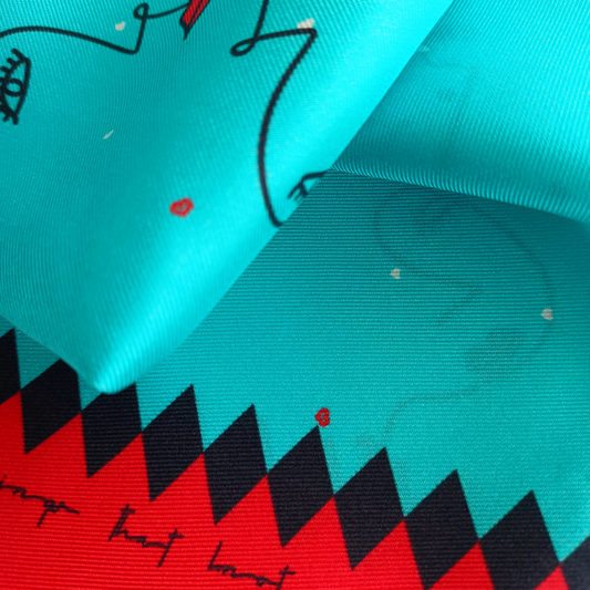 Hyde - red & teal carnival inspired silk twill hair scarf (up close)