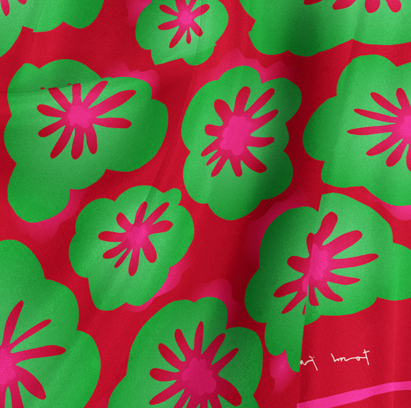 Bridget Square Silk scarf - with bright magenta pink, candy red and green floral design up close