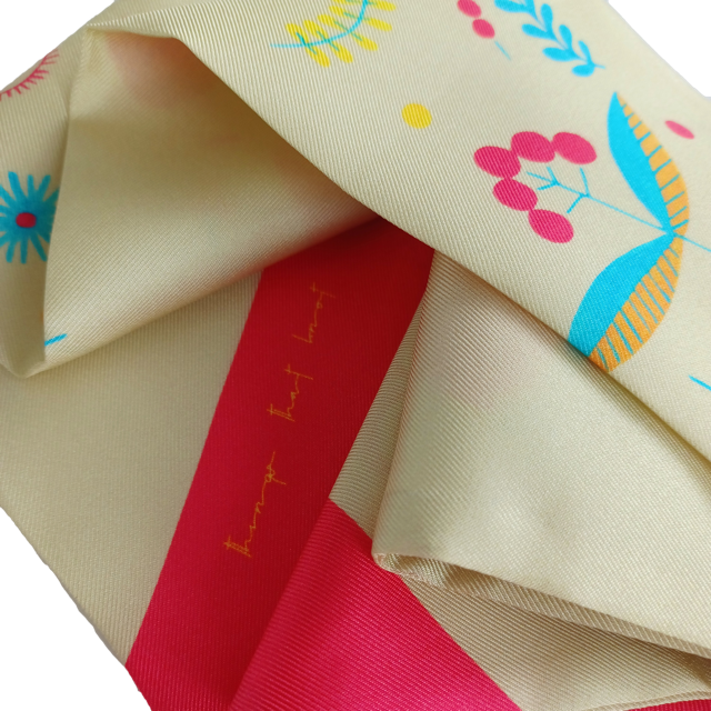 Veronica - yellow silk twill hair scarf with bright colour florals (up close)