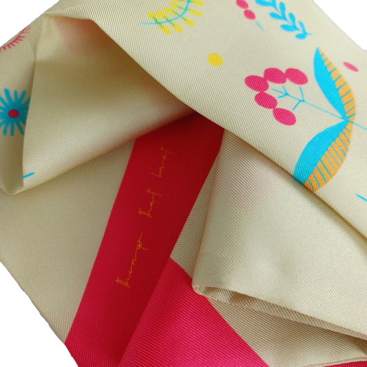 Veronica - yellow silk twill hair scarf with bright colour florals (up close)